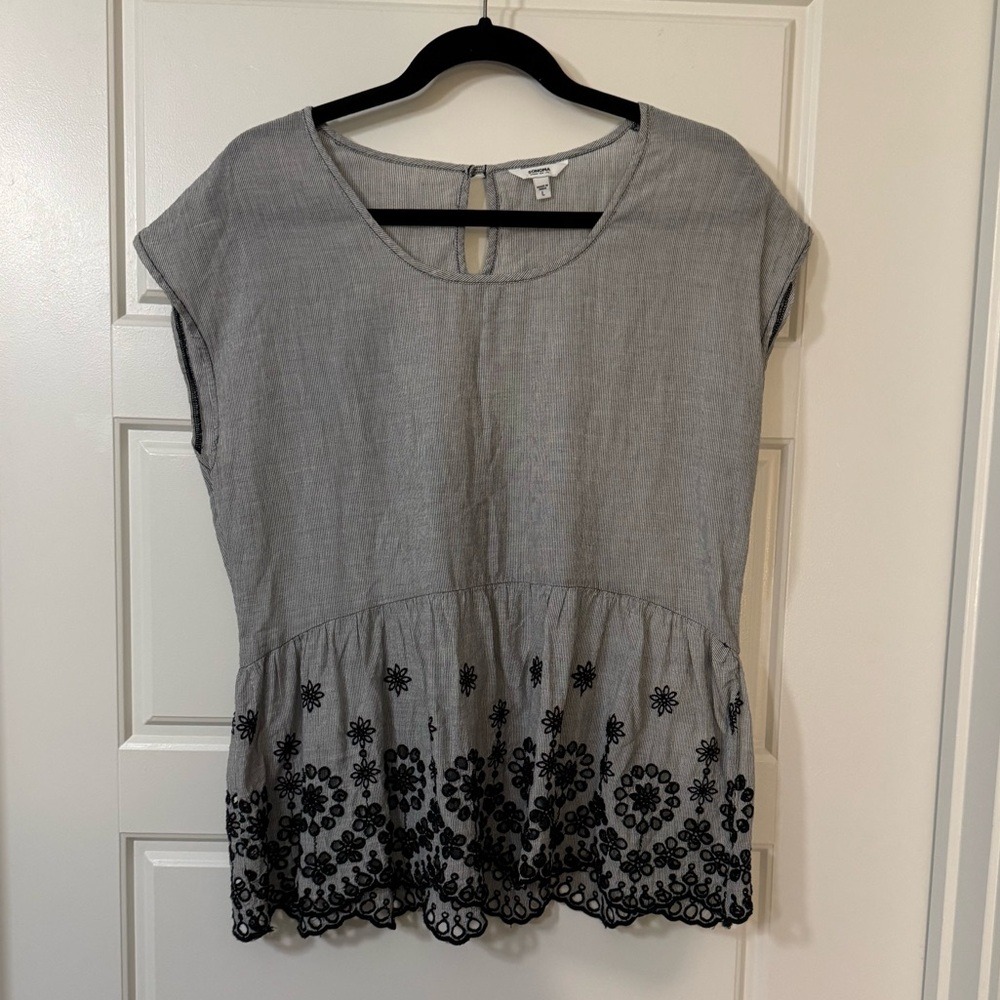 Sonoma Gray Blouse with Black Floral Embroidery